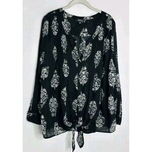 Lucky Brand Womens Black White Tie Front Blouse Long Sleeve Floral Plus Sz small